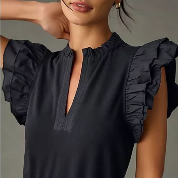 Sundays Black Ruffled Flutter Sleeve Blouse Size Large - Picture 3 of 7